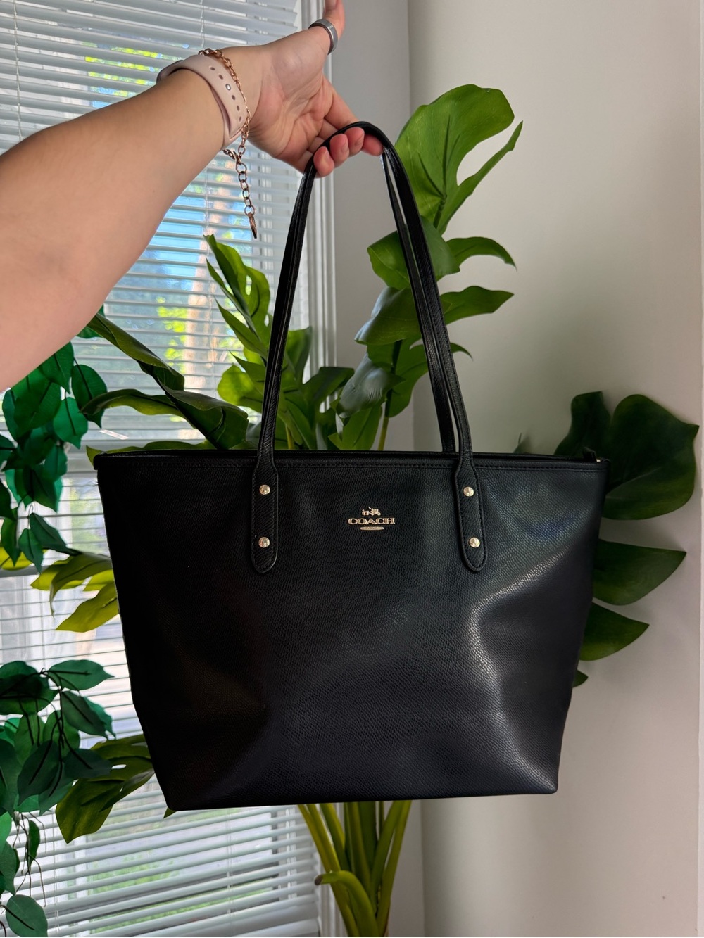 Coach Black Pebbled Leather Shopper Tote with Gold Logo